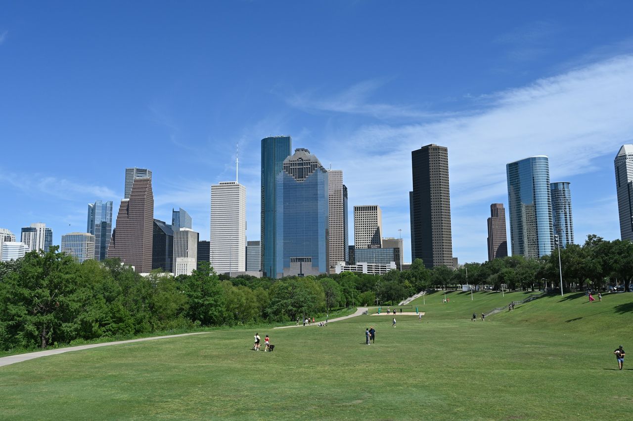 Downtown Houston skyline on a sunny day, seen from Eleanor Tinsley Park